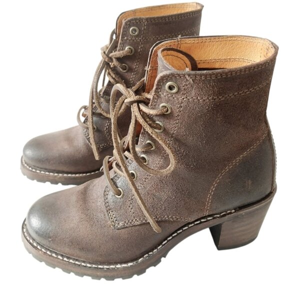 Frye Shoes - Frye Sabrina 6G Laceup Combat Boots 5.5 M Dark Brown Rugged Chunky Block Heels